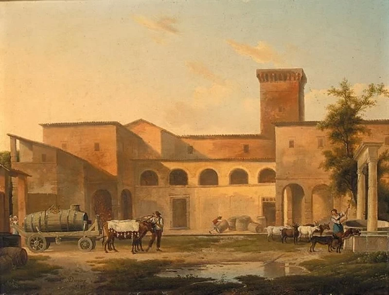 Alexandre Hyacinthe Dunouy - Il cortile di un monastero con figure